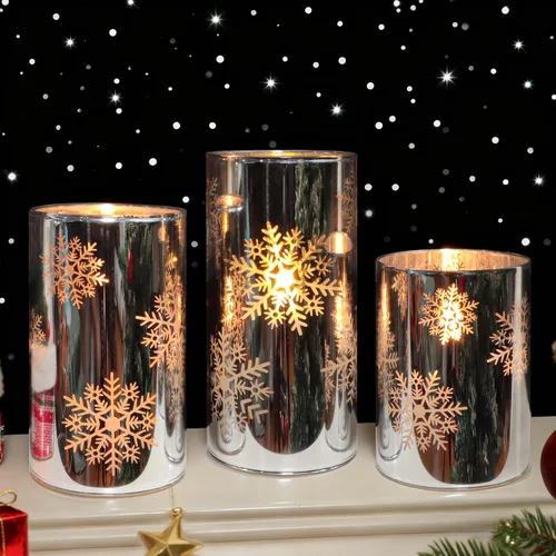 Vista 7 de Velas LED sin llama de copo de nieve con control remoto y temporizador, velas de vidrio electrochapado operadas por batería, velas LED parpadeantes