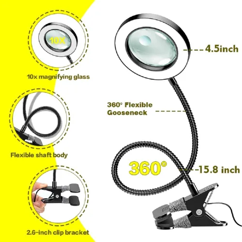 Vista 8 de Lupa de doble lente 20X/10X con luz y temporizador, lupa de lente combinada con luz, 3 modos de color, lámpara de escritorio con aumento 2 en 1