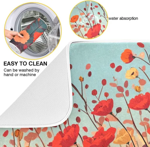 Vista 4 de Tapete de secado de platos de primavera naranja con flor de amapola para encimera de cocina, tapete escurridor absorbente de microfibra, tapete