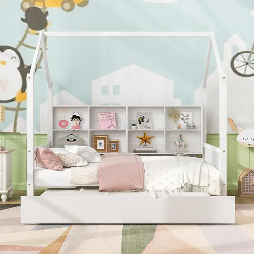 Vista 12 de Cama moderna de tamaño individual con nido, marco de cama de madera resistente con armazón de almacenamiento, techo y ventana para niños, niñas