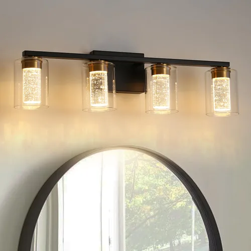 Vista 7 de EMONG Lámpara de baño de 3 luces negras y doradas, luces LED regulables de 5 CCT con vidrio transparente, 2700 K-6500 K, luz de tocador de baño