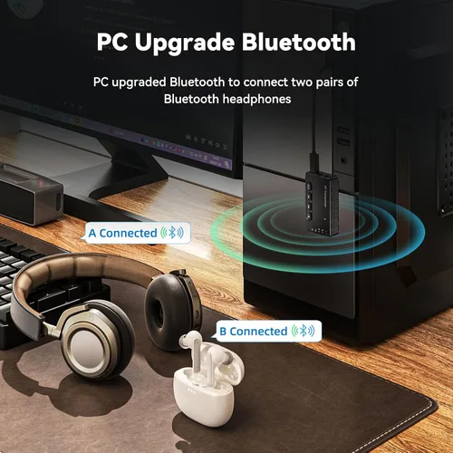 Vista 5 de Receptor transmisor Bluetooth aptX adaptativo/baja latencia/HD Bluetooth adaptador 5.2 compatible con 2 teléfonos AirPods, receptor de audio