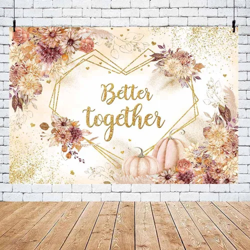Vista 5 de MEHOFOND Fondo de boda de otoño de 7 x 5 pies, diseño de calabaza, bohemio, floral, para fotografía de boda, corazón, geométrico, puntos dorados