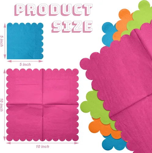 Vista 2 de Yeaqee 100 servilletas festoneadas de color neón, servilletas de papel de cóctel de 2 capas brillantes para bebidas, servilletas desechables