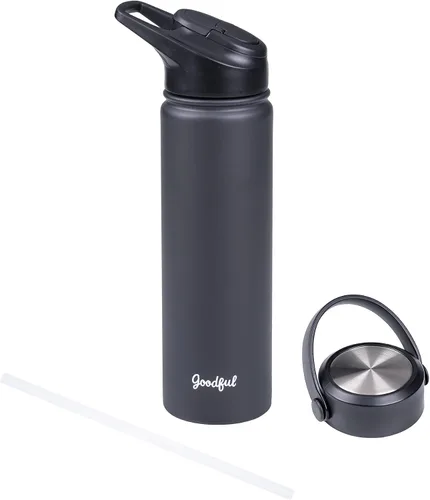 Vista 14 de Goodful Botella de agua de doble pared sellada al vacío, aislada con dos tapas intercambiables, tapas para beber o tragar, a prueba de fugas, boca