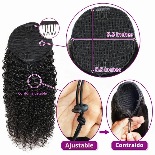 Vista 4 de Adette Colas de caballo rizadas de 12 pulgadas, extensiones de cabello humano con cordón, extensiones de cabello rizado con clip en cola de caballo