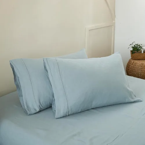 Vista 7 de Simple&Opulence Juego de 2 fundas de almohada 100% lino tamaño Queen, fundas de almohada clásicas azules con cierre superpuesto, protectores