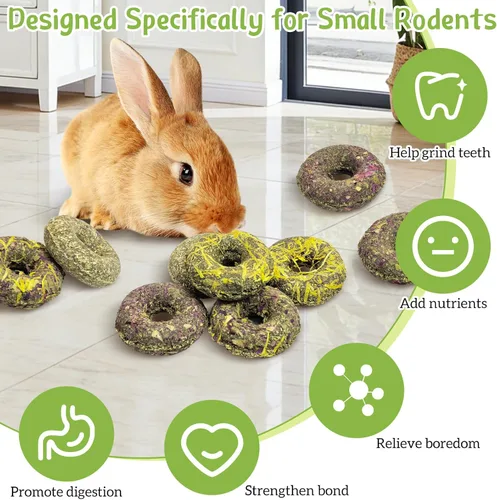 Vista 5 de Fhiny 10 juguetes masticables de conejo, golosinas de conejo con hierba natural y flores, pasteles de hierba molar para mascotas para conejillos