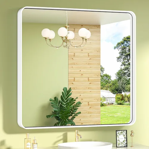 Vista 56 de TokeShimi Espejo de pared de baño de níquel cepillado de 20 x 30 pulgadas, marco de metal, esquina redonda, rectangular, para decoración del hogar