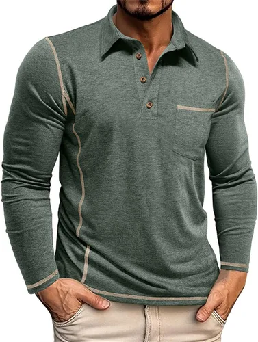 Vista 12 de Polo para hombre, manga larga, cuello clásico, algodón, botón básico, elegante, con bolsillo en el pecho