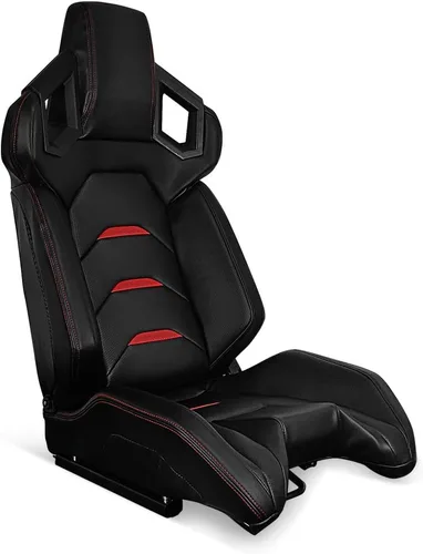 Vista 7 de IKON MOTORSPORTS, par de asientos universales para carreras con deslizadores dobles, piel de PU de fibra de carbono, color rojo con rayas