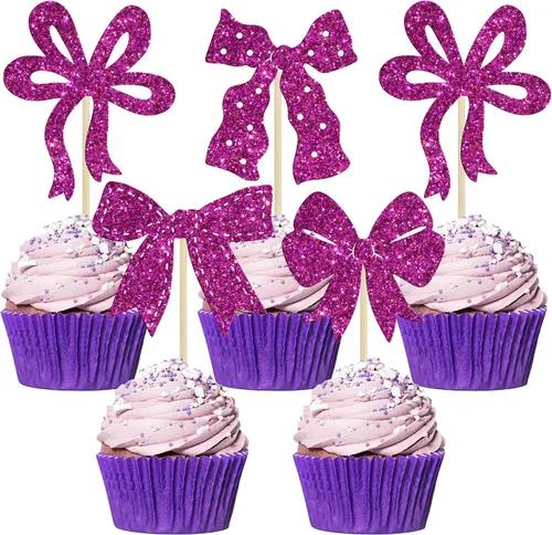 Vista 13 de Ephlyn 24 adornos para cupcakes con lazo para decoración de pastel de cumpleaños, decoración de fiesta de cumpleaños para niñas, decoración de Negro