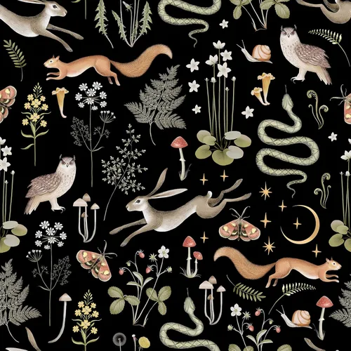 Vista 10 de Papel de contacto Boho negro de despegar y pegar con diseño de setas/caracoles/flores silvestres/mariposas, papel pintado extraíble decorativo