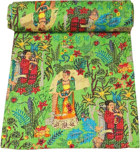 Vista 12 de Marubhumi Colcha de algodón puro Kantha con diseño tradicional indio de Farida (beige, individual (60 x 90 pulgadas)