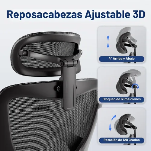 Vista 11 de marrap Silla de oficina ergonómica, silla de escritorio de malla con reposabrazos 3D, soporte lumbar ajustable y reposacabezas, función mecedora