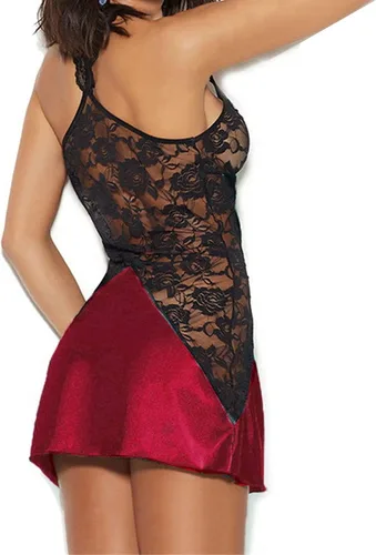 Vista 2 de Camisón de encaje de satén para mujer, lencería sexy de malla con cuello en V profundo, vestido de camisón