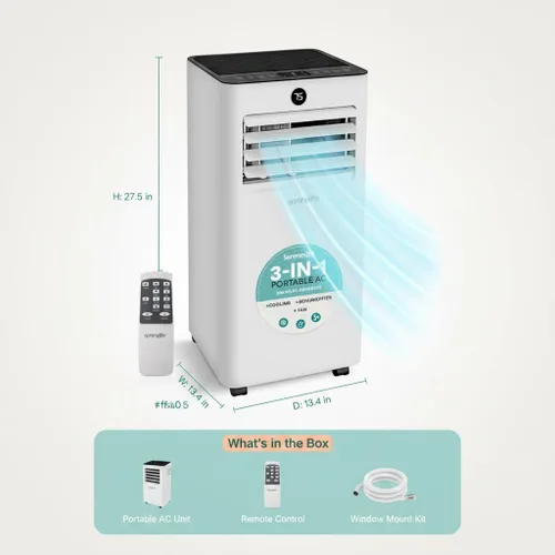 Vista 7 de SereneLife Aire acondicionado portátil de 8000 BTU, pequeña unidad de CA con deshumidificador y ventilador, mini unidad de CA con cobertura de 350