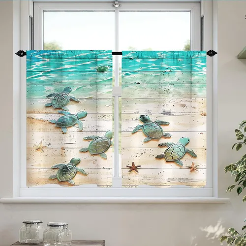 Vista 7 de Cortinas cortas de cocina con diseño náutico de tortugas marinas azules y playas, media cortina de baño para dormitorio, juego de 2 paneles de 27.5