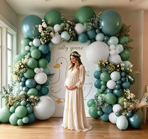 Vista 6 de Kit de arco de globos de color azul polvoriento, guirnalda de globos de látex de doble relleno, verde salvia, blanco mate, globos de látex para baby