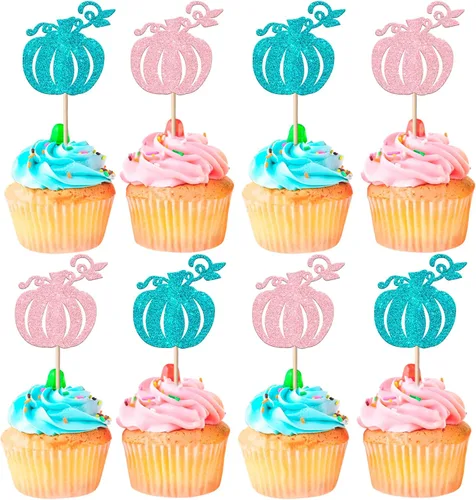 Vista 21 de Paquete de 24 adornos para cupcakes de calabaza con purpurina para cupcakes de calabaza para Acción de Gracias, baby shower, decoración de cupcakes