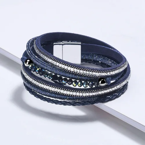 Vista 2 de Long tiantian Pulsera de cuero negro estilo bohemio para mujer, pulseras apilables de moda, pulseras multicapas, pulsera de cuero con perlas