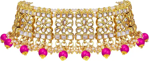 Vista 5 de Aheli Elegant Indian Faux Kundan Studded Choker Necklace with Maang Tikka Earrings Set Ethnic Wedding Festive Wear Fashion Jewelry for Women, Girls