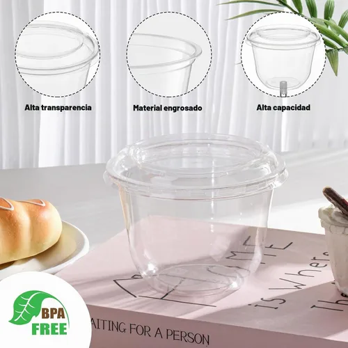 Vista 3 de Rainmae Paquete de 100 tazas de postre con tapas, vasos de plástico desechables apilables con tapas planas, tazas de helado de 10.1 fl oz/10 onzas