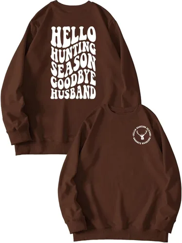 Vista 36 de DUDIHOHX Hello Hunting Season Goodbye Husband - Sudadera de manga larga con estampado de moda, casual, cuello redondo