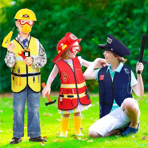 Vista 7 de 3 juegos de ropa de vestir para niños, disfraces de juego de rol a granel para niños de 3 a 7 años, chaleco de bombero, policía y trabajadores