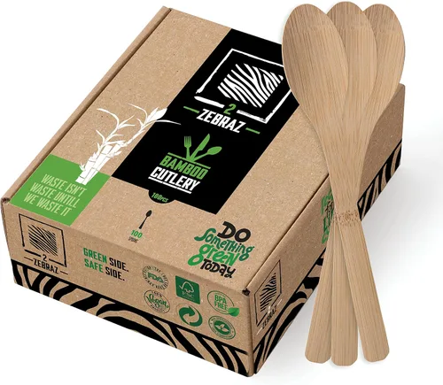 Vista 10 de 2ZEBRAZ - Juego de cubiertos de bambú de 100 piezas, 50 tenedores, 25 cuchillos, 25 cucharas, utensilios desechables resistentes para fiestas