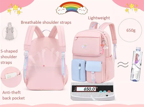 Vista 6 de Mochila escolar para niñas para escuela primaria ligera, Rosa Azul, Classic