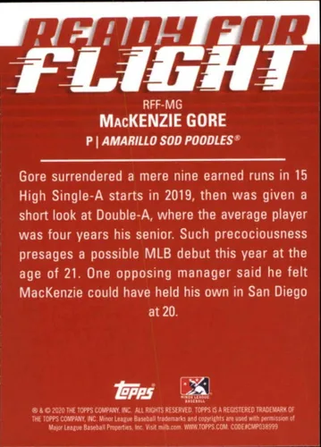 Vista 2 de 2020 Topps Pro Debut Minors Baseball Ready for Flight #RFF-MG MacKenzie Gore Amarillo Sod Poodles Official MILB Trading Card
