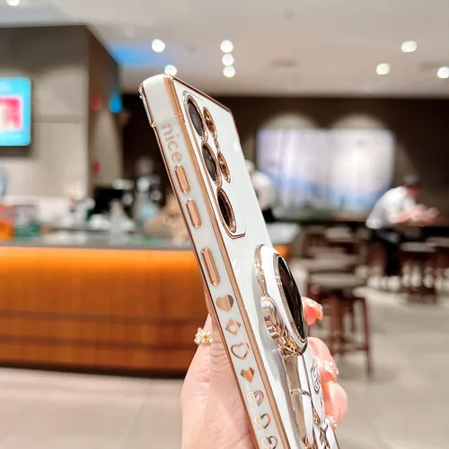Vista 5 de Omio Funda para Samsung Galaxy S24 Plus con soporte oculto de astronauta, funda de lujo chapado en corazón con borde lateral, pequeño patrón de amor