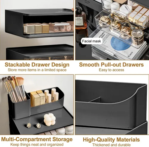 Vista 5 de DASITON Organizador de maquillaje para tocador con 2 cajones, organizador de cosméticos apilable con soporte para brochas de maquillaje, organizador