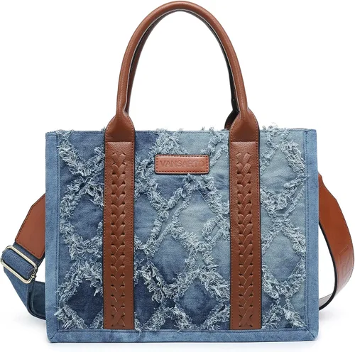 Vista 3 de VANSARTO Bolso de mano de mezclilla para mujer, con asa superior, estilo azteca, estilo bohemio, con correa para la muñeca