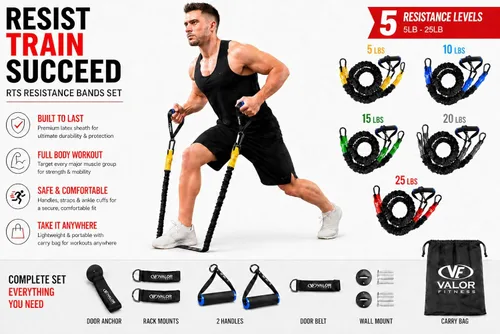 Vista 2 de Valor Fitness Bandas de resistencia – 5 libras a 25 libras – Mosquetones adjuntos y 2 bandas por opción de peso con asas – Funda cubierta