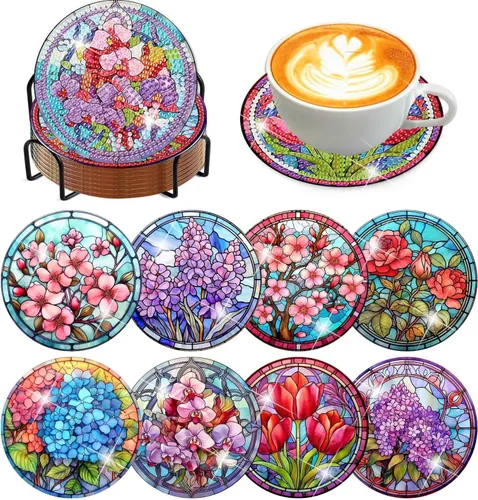 Vista 27 de Meothan Juego de 8 posavasos de arte de diamante para adultos con soporte, almohadillas de corcho, posavasos de arte de puntos de diamante de vidrio