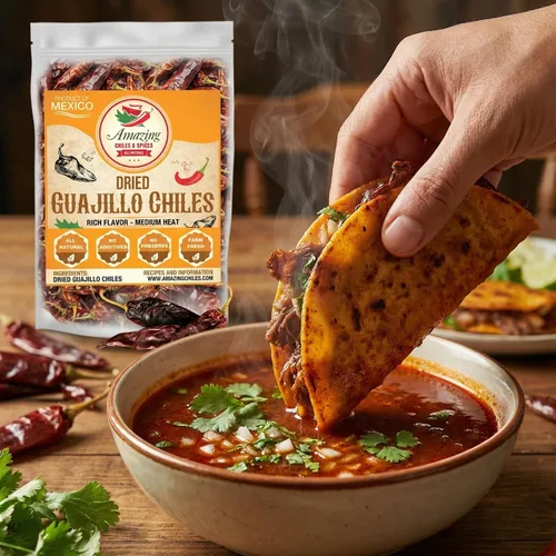 Vista 4 de Guajillo Chiles Secos Enteros 4 oz – Natural y Premium. Ideal para recetas mexicanas como mole, tamales, salsa, carnes. Calor suave a medio, sabor
