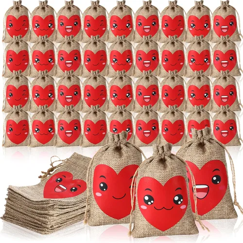 Vista 7 de Crtiin 24 bolsas de regalo de arpillera para el día de San Valentín, bolsas de regalo de lino con cordón de corazón, bolsa de dulces para regalos