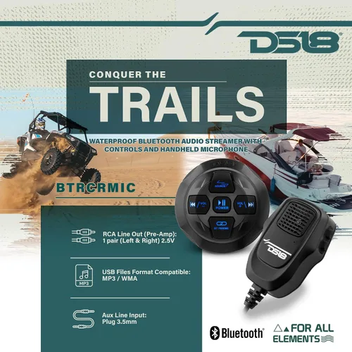 Vista 2 de DS18 BTRCRMIC Controlador de audio Bluetooth inalámbrico, receptor marino impermeable, control remoto con USB Bluetooth RCA, micrófono estilo radio