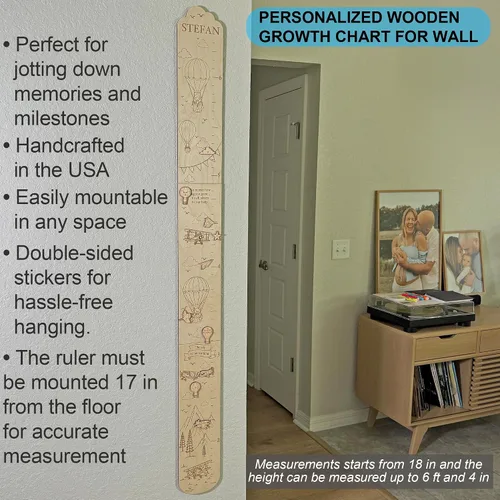 Vista 5 de Tabla de crecimiento de regla de madera personalizada para niños con marcadores de altura, tabla de crecimiento con nombre personalizado, decoración