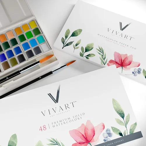 Vista 8 de Vivart Juego de acuarelas prémium de 48 colores para adultos y principiantes – 48 medias sartenes vívidas, 2 pinceles de calidad artística