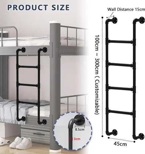 Vista 2 de Escalera de metal para cama tipo loft montada en la pared, litera de hierro forjado, escalera de entrada de entrada con accesorios de montaje