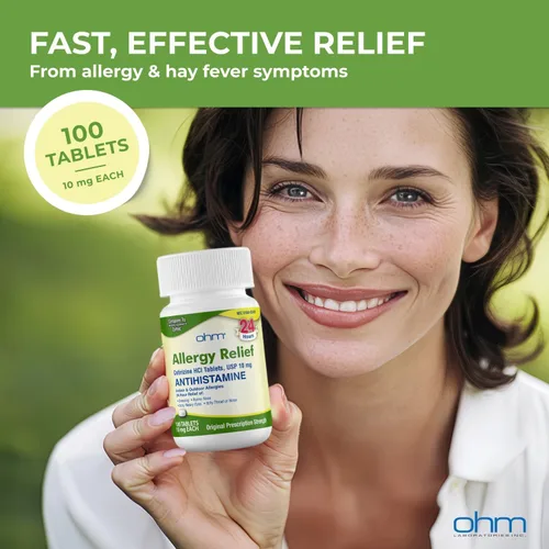 Vista 3 de Ohm Cetirizina 10 mg, alivio de la alergia durante todo el día (100 unidades) tabletas antihistamínicas para alergias en interiores y exteriores