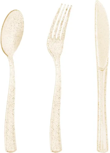 Vista 8 de Goodluck 150 cubiertos de plástico dorados, utensilios dorados desechables, juego de 50 tenedores, 50 cucharas, 50 cuchillos para bodas, fiestas