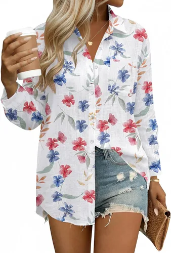 Vista 22 de HOTOUCH Camisas de manga larga con botones para mujer, blusas de lino y algodón, casuales, con cuello holgado, de gasa con bolsillo