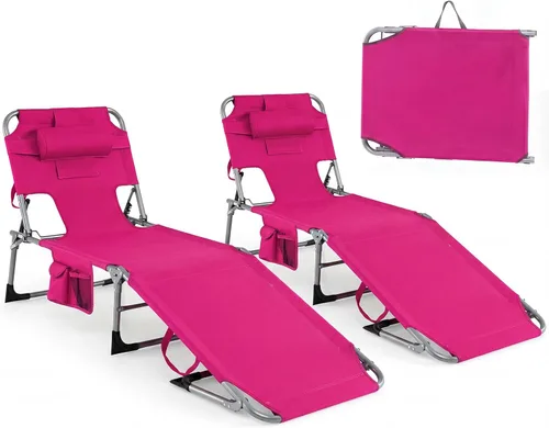 Vista 14 de Tangkula Silla de bronceado con agujero frontal, plegable y ajustable para patio, silla reclinable, para playa, tomar el sol, con bolsillo lateral