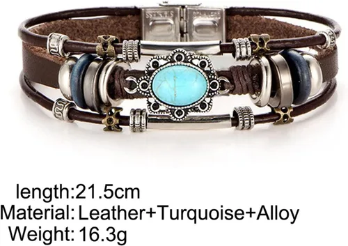 Vista 4 de Pulsera de cuero con incrustaciones de turquesa para mujer, pulsera de cuero punk creativa, retro, ovalada, viento, Navidad, cumpleaños, joyería