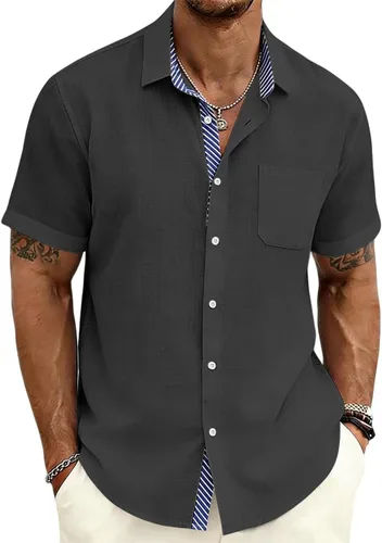 Vista 8 de Camisas con botones para hombre, manga corta, casual, verano, playa, vacaciones, boda, con bolsillo
