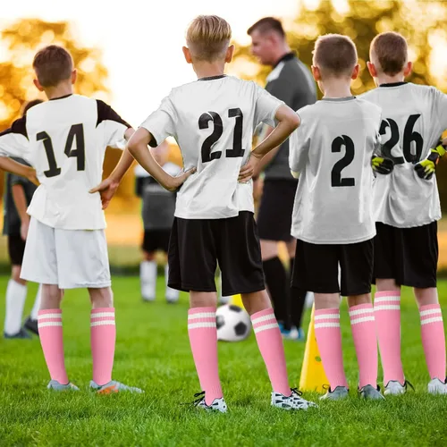 Vista 6 de Unittype 6 pares de calcetines de fútbol para niños pequeños, calcetines de fútbol a rayas juveniles, regalo de Navidad para niños y niñas de 4 a 14